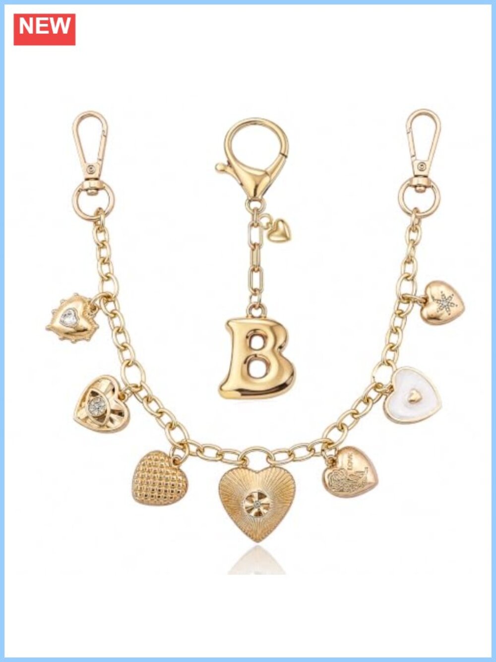 Initial B Keychain Bag Charm Set with Heart Chain Metal Purse Accessory